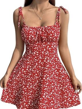 SHEIN Red Floral Tie-Strap Ruched Bust Mini Dress NWOT